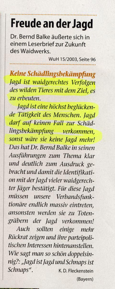 Leserbrief in Jägerzeitschrift